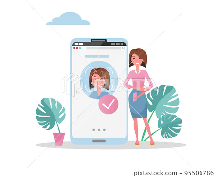 Girl with mobile big phone. Accepted Female face on smartphone screen, face id concept background, personality recognition, identification. Flat vector illustration. 95506786