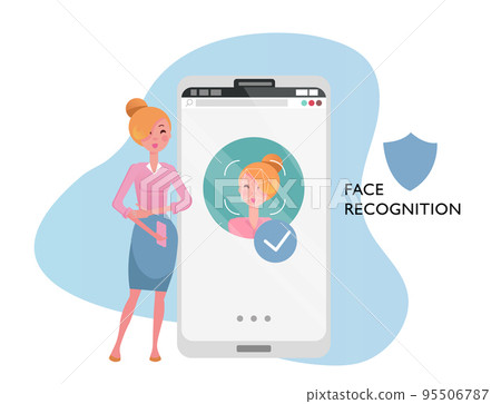 Face id concept. Woman with mobile phone, female face on big smartphone screen. Personality Recognition in mobile app,modern cellphone with security system. Flat cartoon vector illustration 95506787