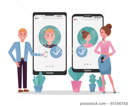 Face id concept. Woman and man with mobile phones. Female and male faces on big smartphone screens. Personality Recognition in mobile app,modern cellphone with security system.Flat vector illustration Face id concept. Woman and man with mobile phones. Female and male faces on big smartphone screens. Personality Recognition in mobile app,modern cellphone with security system.Flat vector illustration 95506788
