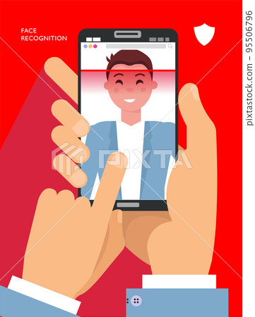 Facial recognition. Face ID, face recognition system. Two Hands holding smartphone with male human head and laser scanning app on screen. Flat design graphic application elements. Vector illustration 95506796