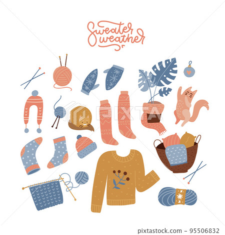 Collection of winter knitted clothes and knitting tools isolated on white background. Cozy woolen jumper, scarf, hat, mittens, socks, needles, yarn and cats. Flat cartoon vector illustration 95506832