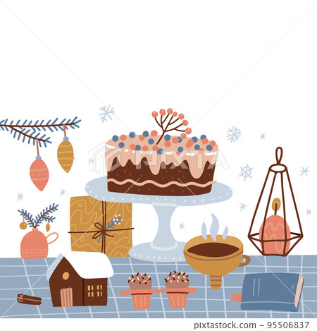 Winter homely concept with homemade cake for Christmas or New Year. Xmas celebration flat vector illustration. Side view table surface with cozy elements - cup of tea, gift box, book and candle. Winter homely concept with homemade cake for Christmas or New Year. Xmas celebration flat vector illustration. Side view table surface with cozy elements - cup of tea, gift box, book and candle. 95506837