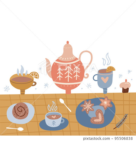 Cute checkered tablecloth with a teapot, cups of tea and gingerbread cookies on a white background. Freehand drawing, Cozy winter mood. Side view flat vector illustration. 95506838