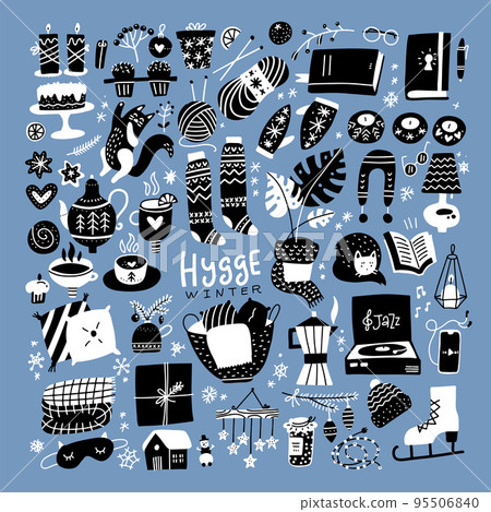 Danish lifestyle concept Hygge elements set. Cozy elements for Winter season. Knitted clothes, candles, cacao and other cozy attributes. Vector hand drawn illustrations . Danish lifestyle concept Hygge elements set. Cozy elements for Winter season. Knitted clothes, candles, cacao and other cozy attributes. Vector hand drawn illustrations . 95506840