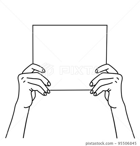 Two hands holding a blank paper sheet. Hand drawn linear Vector illustration of a hands showing blank poster. 95506845