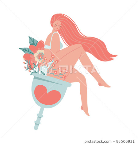 Long hair girl in underwear sitting on a menstrual cup. Happy woman character. Female menstruation. The concept of women s health and healthcare. Feminine design. Vector flat hand drawn illustration Long hair girl in underwear sitting on a menstrual cup. Happy woman character. Female menstruation. The concept of women s health and healthcare. Feminine design. Vector flat hand drawn illustration 95506931