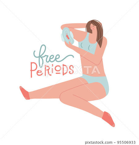 Free periods - hand drawn lettering with confused woman holding sanitary pads. Quote about menstruation. Modern phrase, colorful sketch inscription. Flat hand drawn Vector illustration. Free periods - hand drawn lettering with confused woman holding sanitary pads. Quote about menstruation. Modern phrase, colorful sketch inscription. Flat hand drawn Vector illustration. 95506933