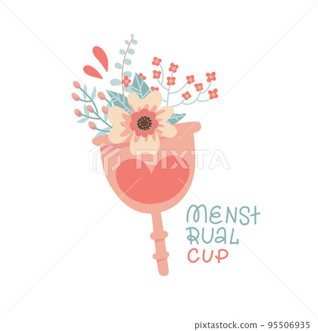 Isolated Menstrual cup with flowers and leaves. Eco friendly protection for woman in critical days. Vector flat hand drawn illustration on white background. 95506935