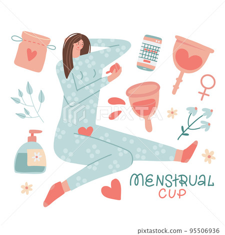 Set with Menstrual Cup for Female Monthly Period, girl holding cup, textile pocket and Liquid Soap in Bottle. Vector flat hand drawn illustration. Eco friendly. Zero waste. Set with Menstrual Cup for Female Monthly Period, girl holding cup, textile pocket and Liquid Soap in Bottle. Vector flat hand drawn illustration. Eco friendly. Zero waste. 95506936