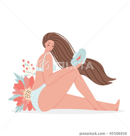 Woman holding menstrual pad with blood hygiene device with flowers and leaves. Hand drawn menstrual period concept, menstruation, PMS, premenstrual syndrome. Vector drawn illustration. Woman holding menstrual pad with blood hygiene device with flowers and leaves. Hand drawn menstrual period concept, menstruation, PMS, premenstrual syndrome. Vector drawn illustration. 95506938