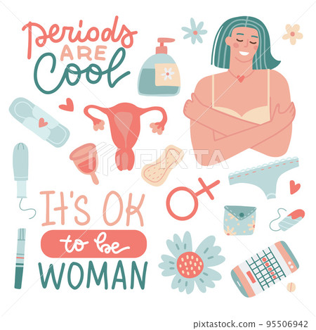 Menstruation self care items set. Elements kit of female period, menstrual blood, womb, uterus, pregnancy test, panties, sanitary pad, tampon, reusable cup, flowers. Colored flat vector illustrations Menstruation self care items set. Elements kit of female period, menstrual blood, womb, uterus, pregnancy test, panties, sanitary pad, tampon, reusable cup, flowers. Colored flat vector illustrations 95506942