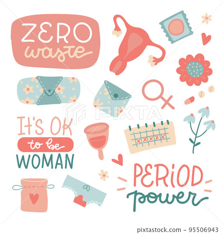 Zero waste periods set. Reusable pads, paper calendar, gynecological cap and menstrual cup. Vector flat hand drawn illustration Zero waste periods set. Reusable pads, paper calendar, gynecological cap and menstrual cup. Vector flat hand drawn illustration 95506943