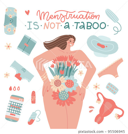 Female menstruation elements set. Women with period and hygiene product tampon, sanitary pads and menstrual calendar. First period, menstrual accessory tampon flat hand drawn vector illustration 95506945