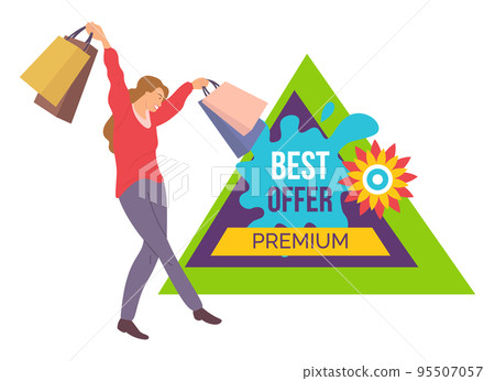 Announcement of a premiun quality in the store. Best offer. Happy woman standing with shopping bags Announcement of a premiun quality in the store. Best offer. Happy woman standing with shopping bags 95507057