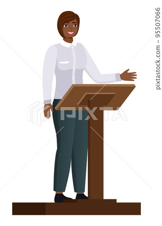 Politician woman standing behind rostrum and giving a speech. Female gives lecture stand near podium Politician woman standing behind rostrum and giving a speech. Female gives lecture stand near podium 95507066