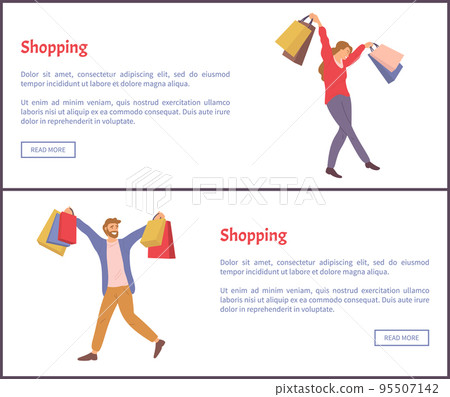 Set of illustrations on the topic of online shopping. A couple enjoy purchases from the store Set of illustrations on the topic of online shopping. A couple enjoy purchases from the store 95507142