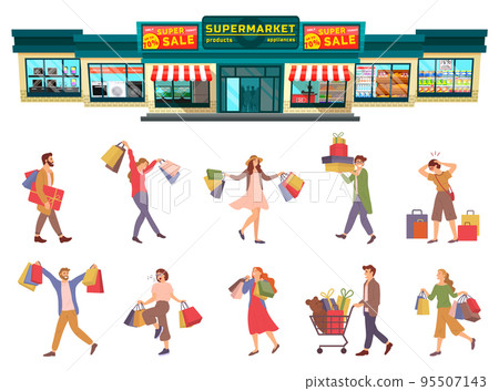 A group of people with packages with purchases in their hands. Customers shopping in supermarket A group of people with packages with purchases in their hands. Customers shopping in supermarket 95507143