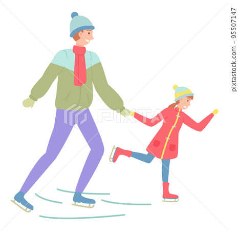 Father and daughter playing ice skating on rink outdoor in winter season during christmas holiday Father and daughter playing ice skating on rink outdoor in winter season during christmas holiday 95507147