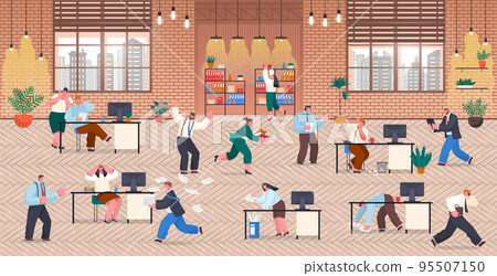 Deadline concept. Idea of many work and few time. Employee in a hurry. Panic and stress in office Deadline concept. Idea of many work and few time. Employee in a hurry. Panic and stress in office 95507150