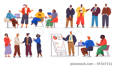 Businesspeople meeting, partnerships concept set. Group of people communicating, discussing Businesspeople meeting, partnerships concept set. Group of people communicating, discussing 95507152