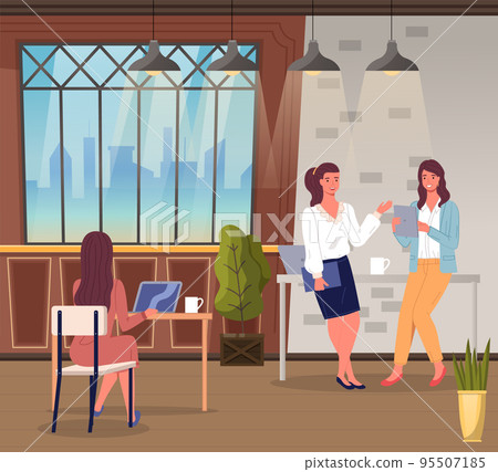 Two colleagues talking in the office. Two smiling women in the workplace. Vector illustration. 95507185