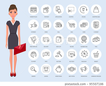 Online shopping thin line icons. Young pretty businesswoman with envelope and set of buy icons 95507186