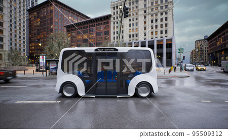 Autonomous electric bus self driving on street, Smart vehicle technology concept, 3d render Autonomous electric bus self driving on street, Smart vehicle technology concept, 3d render 95509312