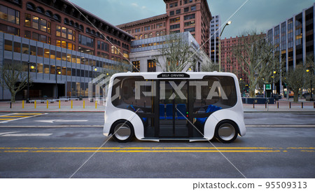 Autonomous electric bus self driving on street, Smart vehicle technology concept, 3d render Autonomous electric bus self driving on street, Smart vehicle technology concept, 3d render 95509313