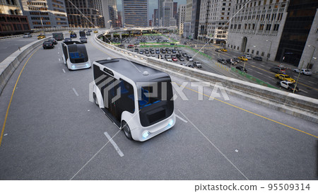 Autonomous electric bus self driving on street, Smart vehicle technology concept, 3d render Autonomous electric bus self driving on street, Smart vehicle technology concept, 3d render 95509314