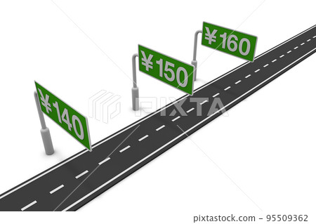 Display of 160 yen, 150 yen, 140 yen. signage on the road. Display of 160 yen, 150 yen, 140 yen. signage on the road. 95509362
