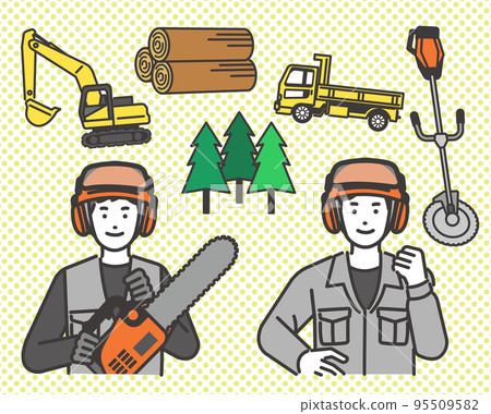 Vector illustration material of forestry workers with chainsaws and icons related to forestry 95509582