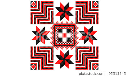 Embroidered good like old handmade cross-stitch ethnic Ukraine pattern. Ukrainian towel ornament, rushnyk called, vector. 95513345
