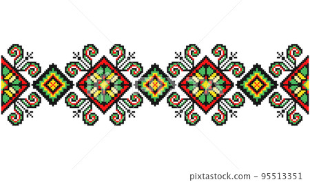Embroidered good like old handmade cross-stitch ethnic Ukraine pattern. Ukrainian towel ornament, rushnyk called, vector. 95513351