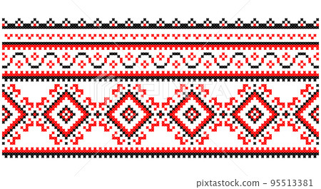 Embroidered good like old handmade cross-stitch ethnic Ukraine pattern. Ukrainian towel ornament, rushnyk called, vector. 95513381