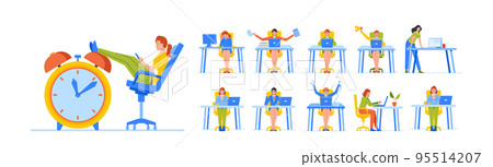 Set Office Worker Different Emotions And Activities. Manager Woman Sit At Desk With Pc And Headphones Speak By Phone 95514207