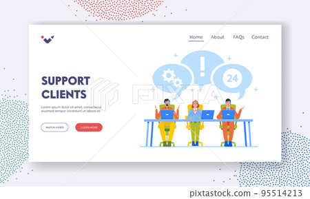 Support Clients Landing Page Template. Call Center Hotline Operator and Customer Communication, Specialist Solve Problem 95514213