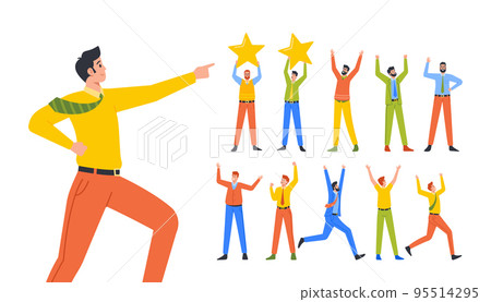 Set Of Men Rejoice With Hands Up, Happy Male Characters Rejoice, Businessman With Star In Hands, Jump, Celebrate Success 95514295