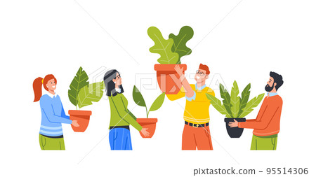 Eco Friendly Environment at Work Concept with Happy Business Men and Women Characters Holding Green Potted Plants 95514306