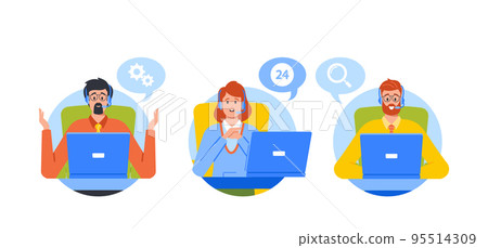 Hotline Operators Help Clients Online. Customer Service Operators Consult People With Headsets On Computers Online Hotline Operators Help Clients Online. Customer Service Operators Consult People With Headsets On Computers Online 95514309