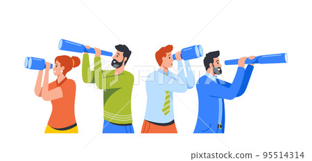 Male And Female Business Characters Looking Through Binoculars And Spy. Business Vision, Recruitment, Visionary Forecast 95514314