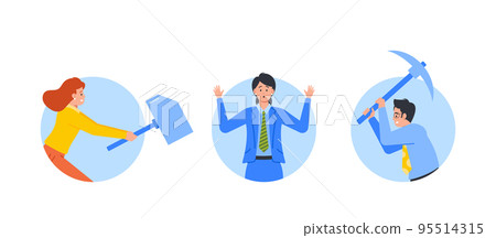Business People Holding Pickaxe And Hammer Isolated Round Icons Or Avatars. Male And Female Characters Solve Problems 95514315