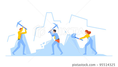 Business Characters Breaking Ice Lumps, Icebreaker Group Of People Using Sledgehammers Working Hard to Break Large Ice 95514325