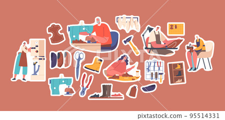 Set of Stickers Shoemakers Create Handmade Footgear. Cobbler Professional Occupation. Craftsman Artisan Characters 95514331