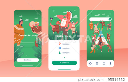 Indian Camp Mobile App Page Onboard Screen Template. Kids Playing American Indians. Cute Boys And Girls Characters 95514332