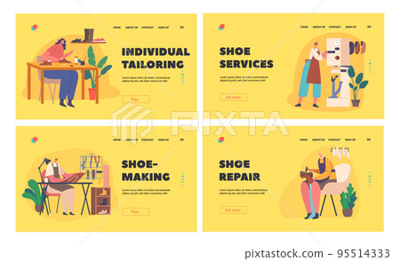 Cobbler Professional Occupation Landing Page Template Set. Shoemakers Create Handmade Footgear Vector Illustration 95514333