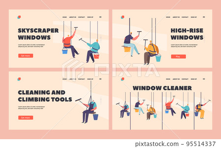 Industrial Deep Cleaning Company Service Landing Page Template Set. Men in Uniform Cleaning High-Rise Glasses 95514337