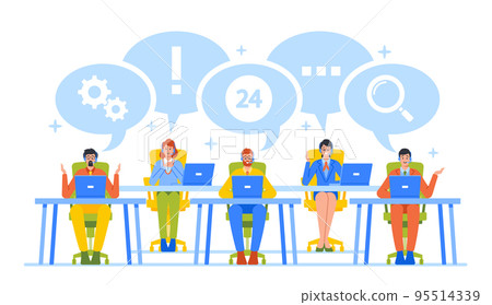 Hotline Operators Help Clients to Solve their Problems. Smiling Friendly Male and Female Call Center Receptionists Hotline Operators Help Clients to Solve their Problems. Smiling Friendly Male and Female Call Center Receptionists 95514339