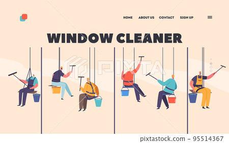 Window Cleaners Landing Page Template. Washers Male Characters in Uniform with Equipment Cleaning Building Glasses 95514367