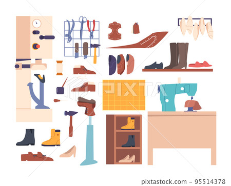 Set of Shoemaker Professional Tools, Instruments and Equipment. Sewing Machine, Scissors, Awl, Glue, Knife and Hammer 95514378
