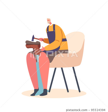 Shoemaker Repair Footwear Isolated on White Background. Craftsman Nail Sole to Boot with Hammer, Cobbler Artisan 95514394